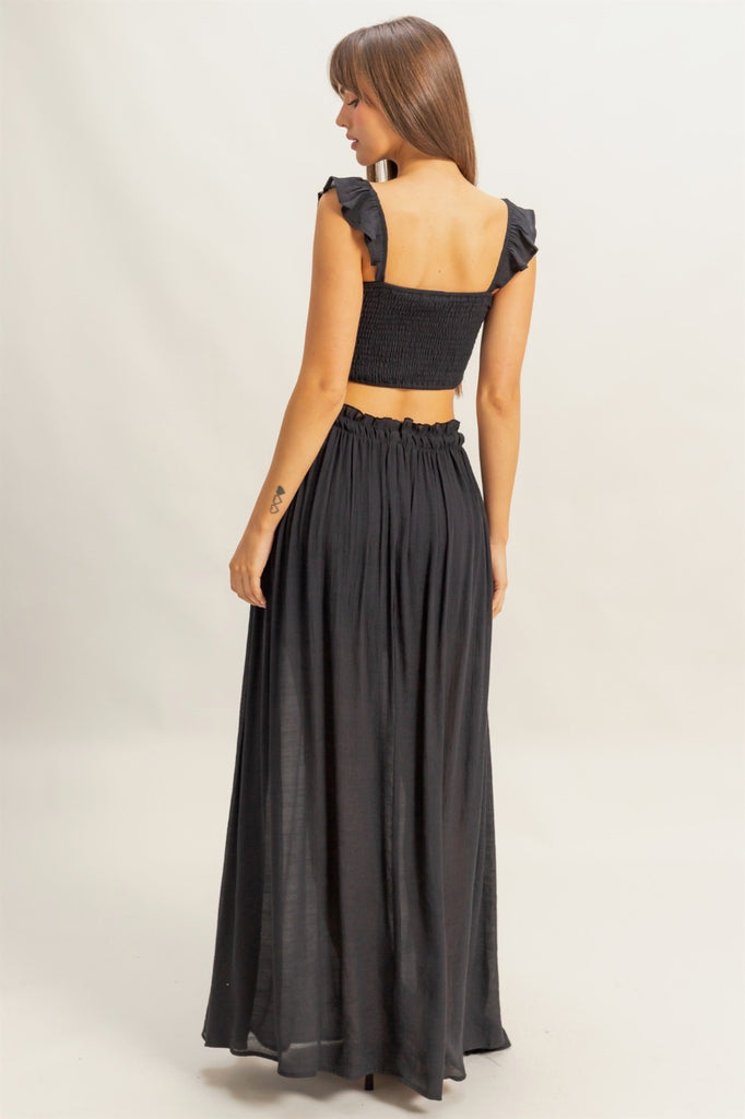 Boho Smocked Top & Maxi Skirt Set - Black