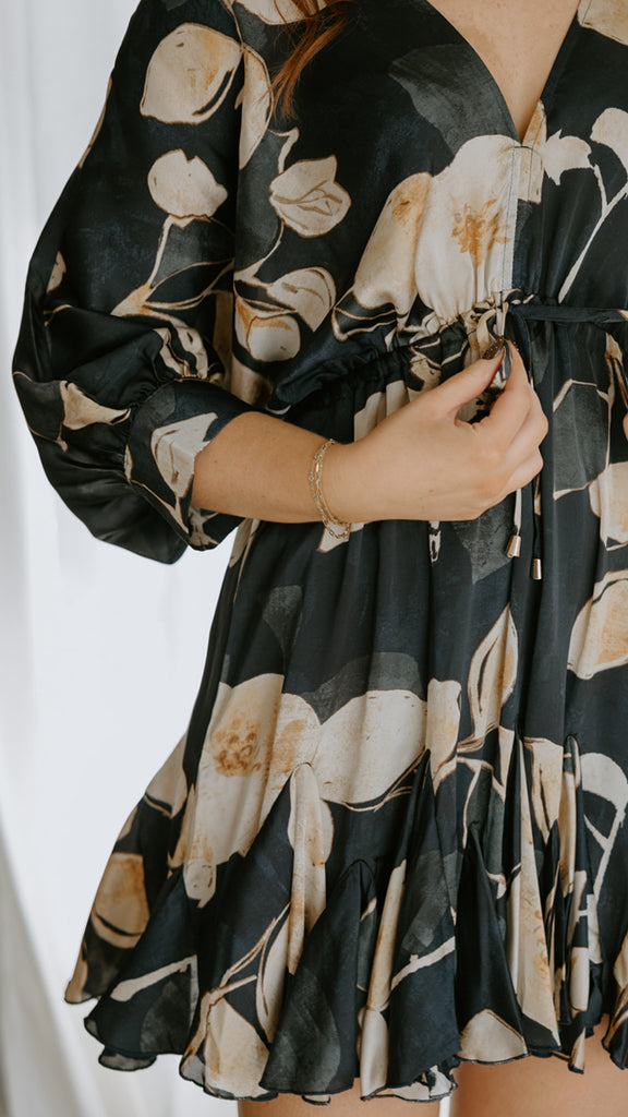 3/4 Sleeve Dolman Front Tie Mini - Navy Print