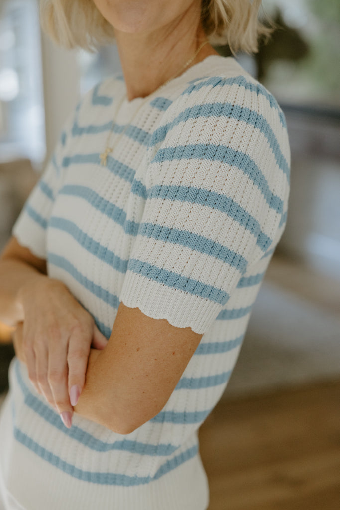 Scalloped Striped Sweater - Blue