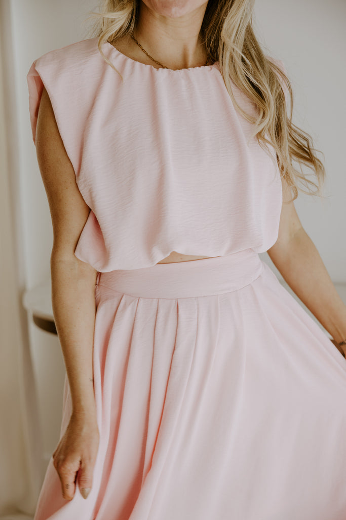 Bubble Top & Flowy Midi Skirt Set - Pink