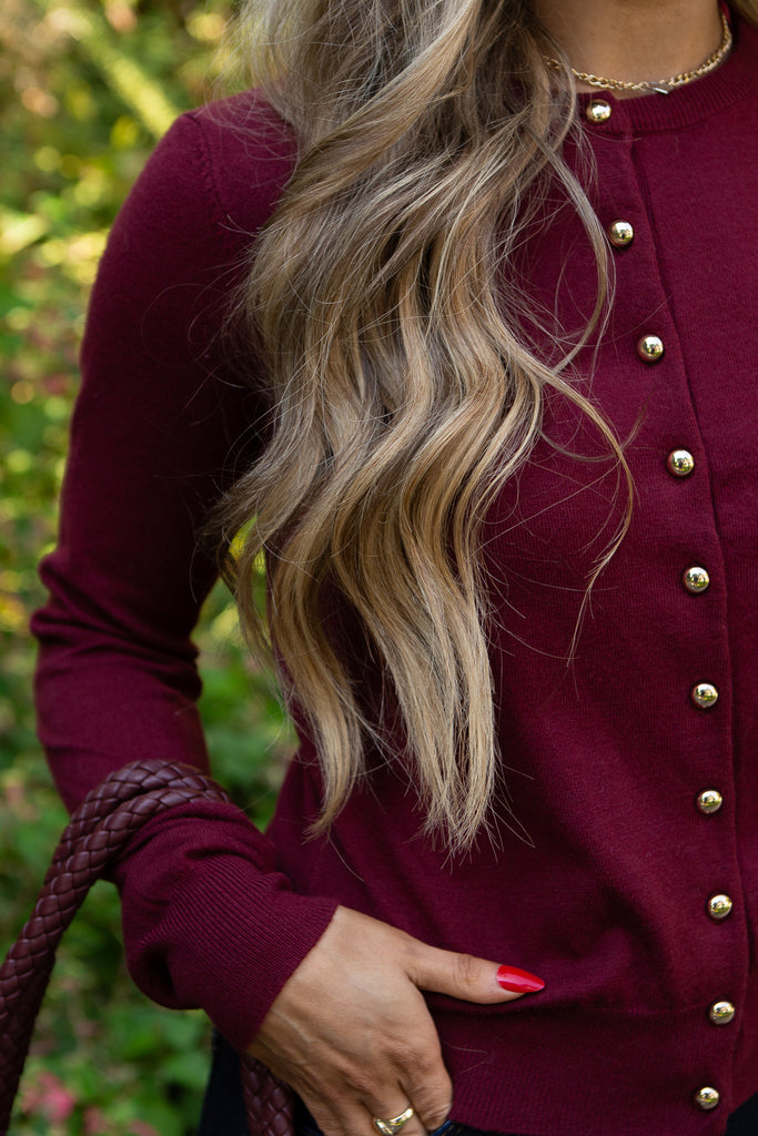 Cardigan With Gold Buttons - Wine
