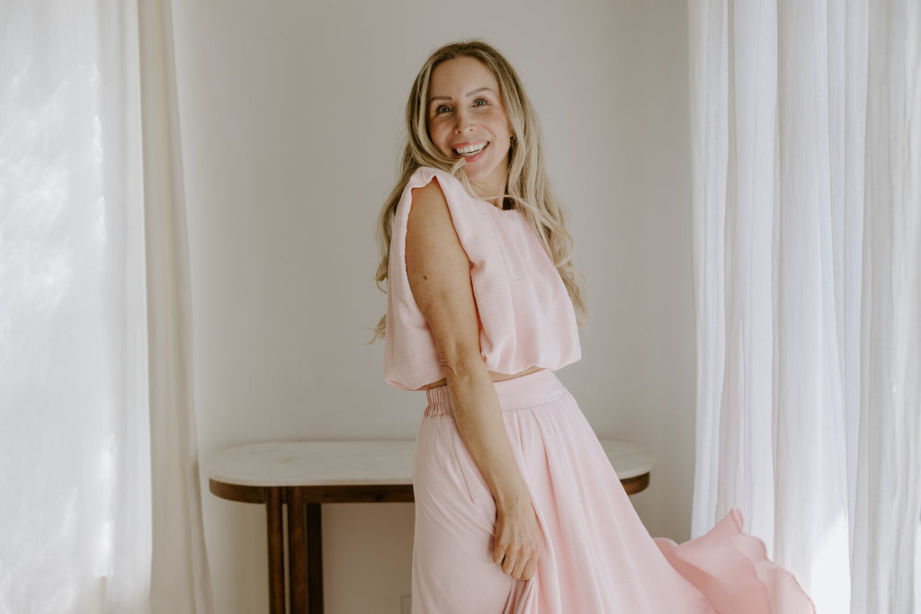 Bubble Top & Flowy Midi Skirt Set - Pink