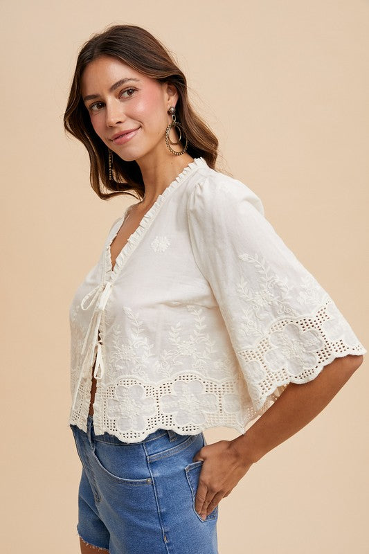 Eyelet & Floral Embroidery Tie Front Shirt - Ivory