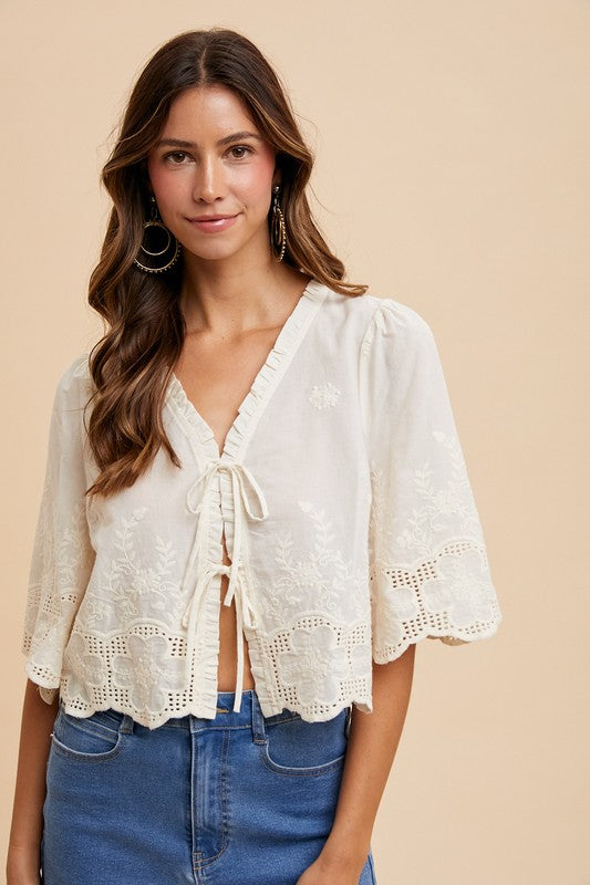Eyelet & Floral Embroidery Tie Front Shirt - Ivory