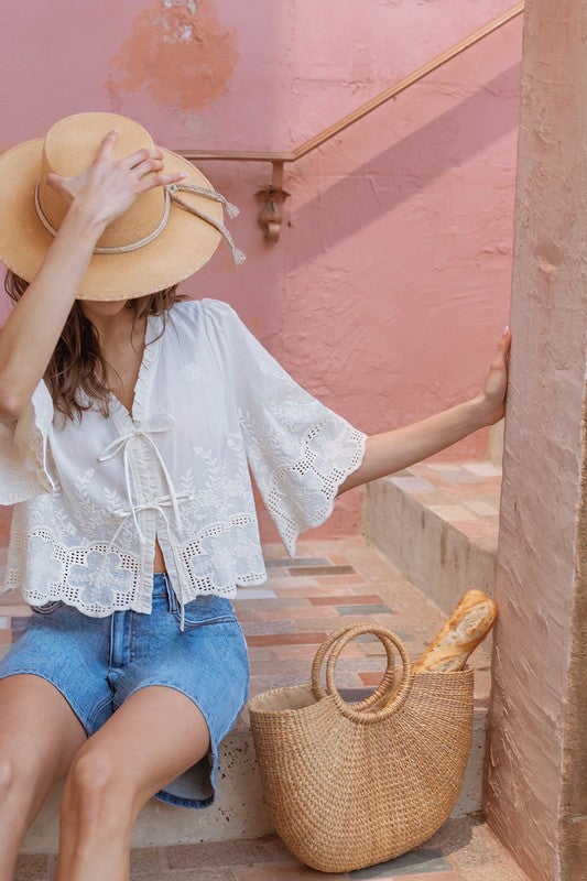 Eyelet & Floral Embroidery Tie Front Shirt - Ivory