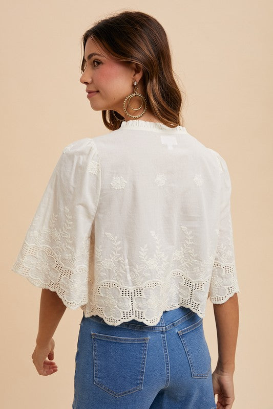 Eyelet & Floral Embroidery Tie Front Shirt - Ivory