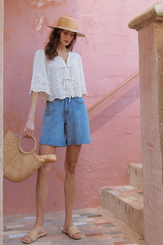 Eyelet & Floral Embroidery Tie Front Shirt - Ivory