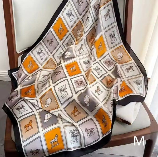 Horse Print Silk Scarf - Taupe/Black