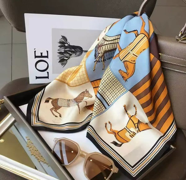 Horse Print Silk Scarf - Blue/Orange