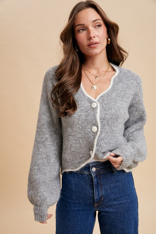 Scalloped Sweater With White Trim - Grey