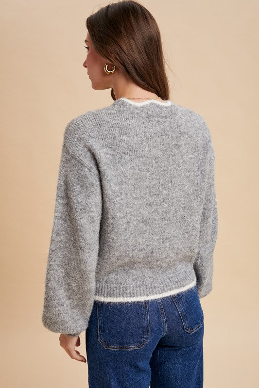 Scalloped Sweater With White Trim - Grey