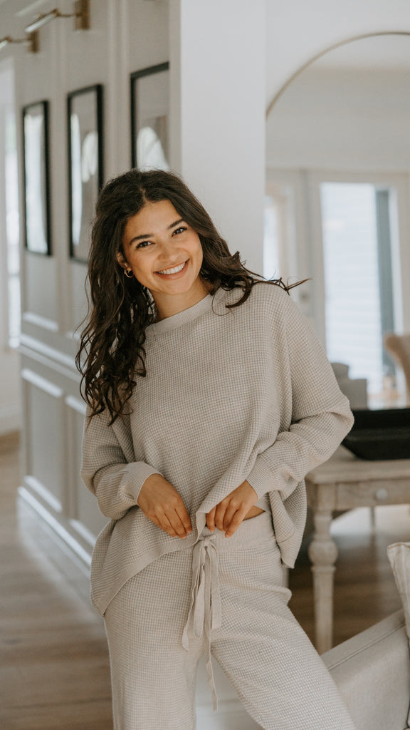 Waffle Textured Sweater & Pant Set - Oat