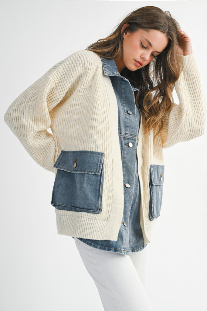 Denim Contrast Knit Jacket - Cream