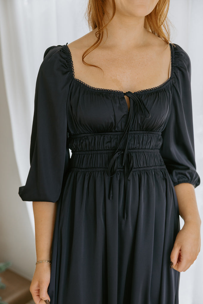 Satin Midi Dress With Bow Details - Navy