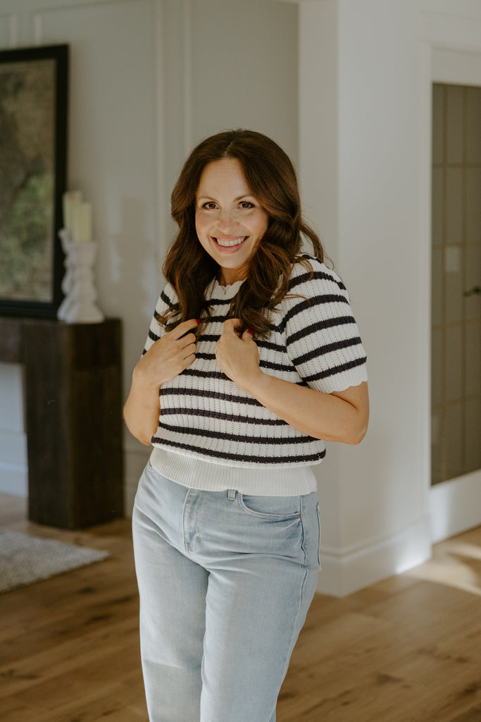 Scalloped Striped Sweater - Navy
