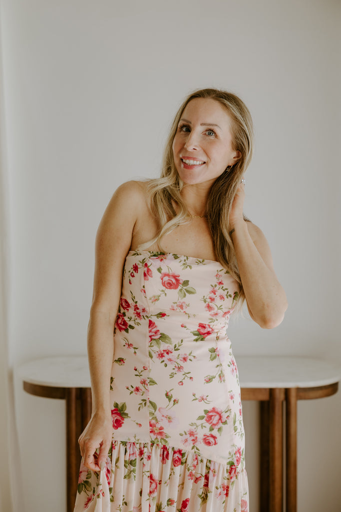 Strapless Drop Waist Floral Dress - Rose