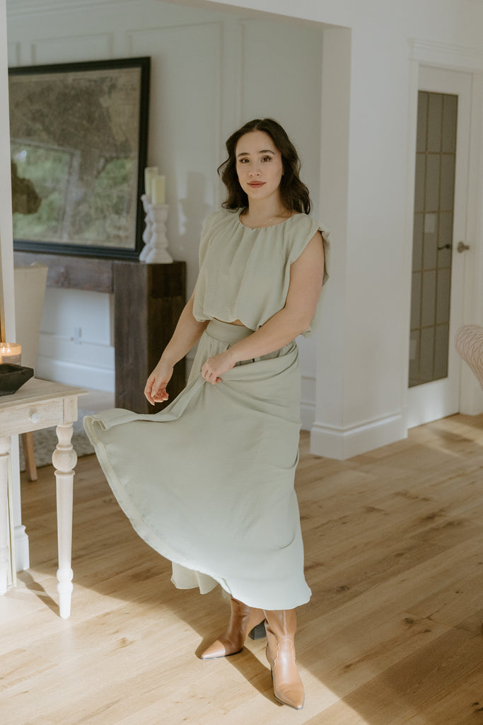 Bubble Top & Flowy Midi Skirt Set - Olive
