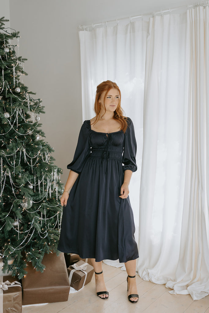 Satin Midi Dress With Bow Details - Navy