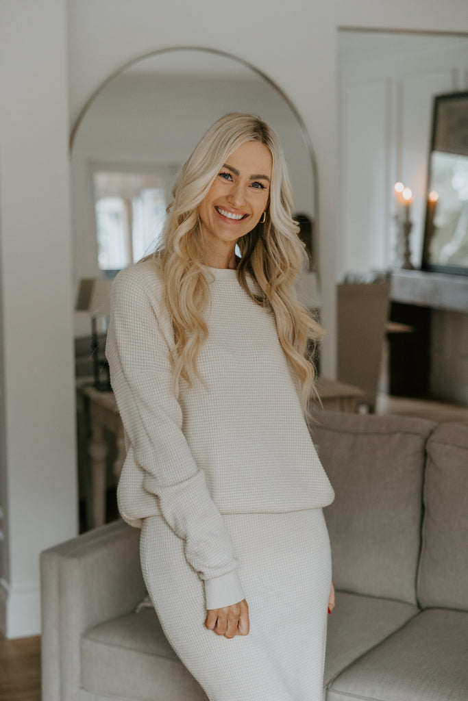 Waffle Sweater & Skirt Set - Oat