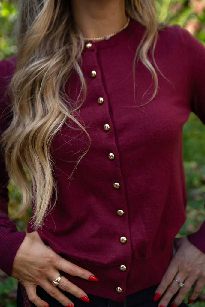 Cardigan With Gold Buttons - Wine