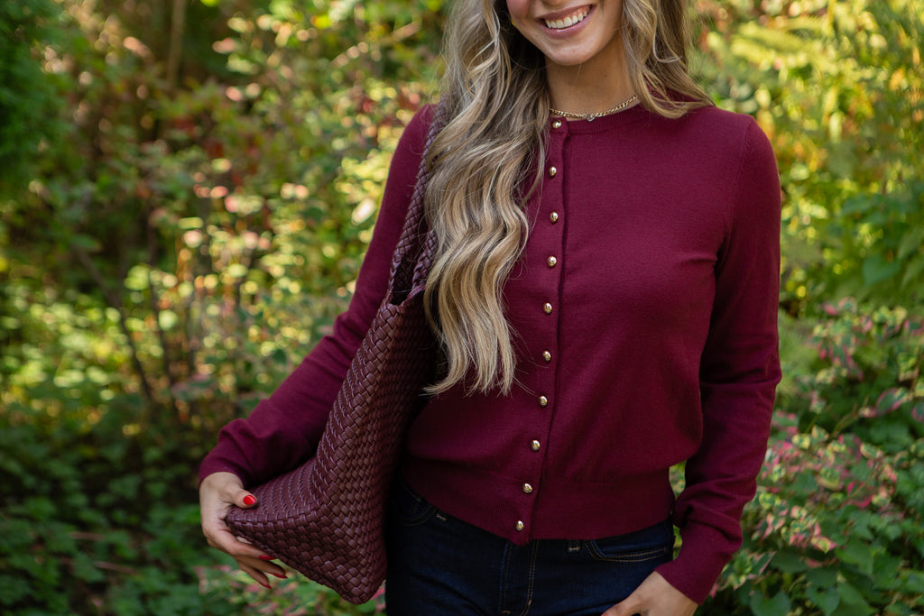 Cardigan With Gold Buttons - Wine