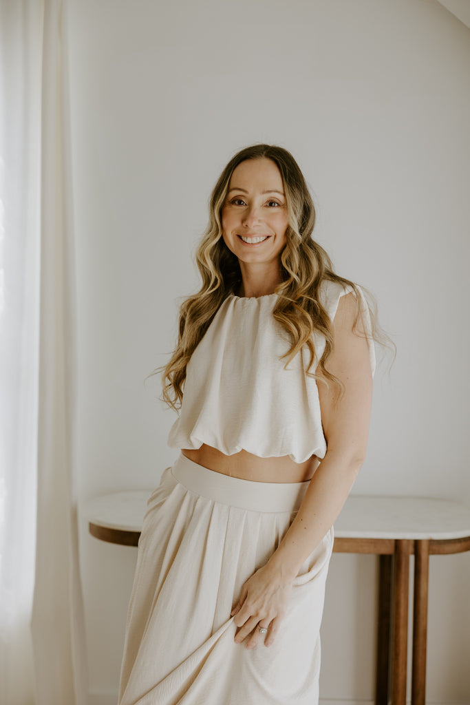 Bubble Top & Flowy Midi Skirt Set - Natural