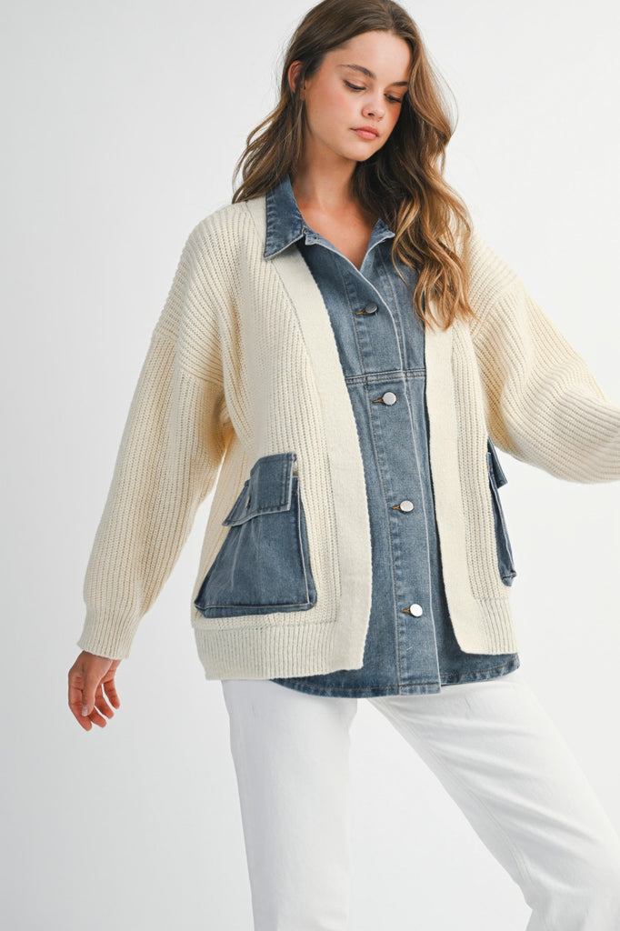 Denim Contrast Knit Jacket - Cream