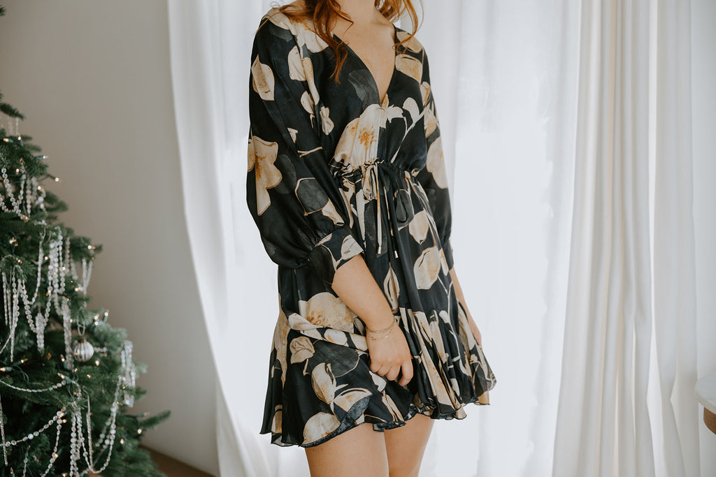 3/4 Sleeve Dolman Front Tie Mini - Navy Print