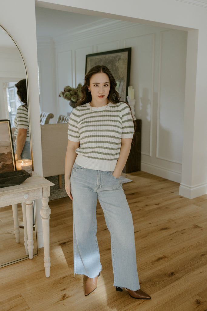 Scalloped Striped Sweater - Sage