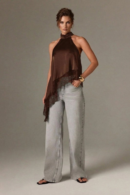 Asymmetrical Lace Halter Top - Brown