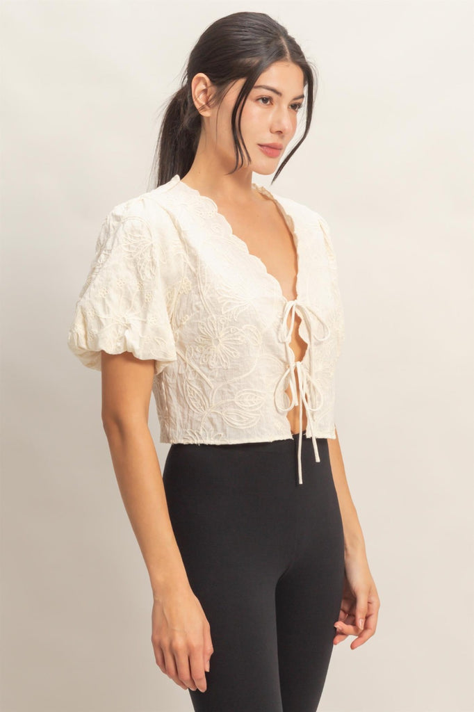 Embroidered Front Tie Shirt - Cream