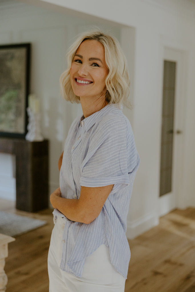 Striped Short Sleeve Button Down - Blue