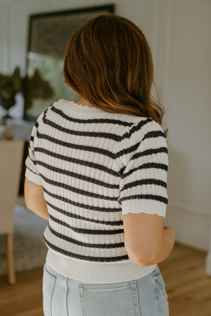 Scalloped Striped Sweater - Navy