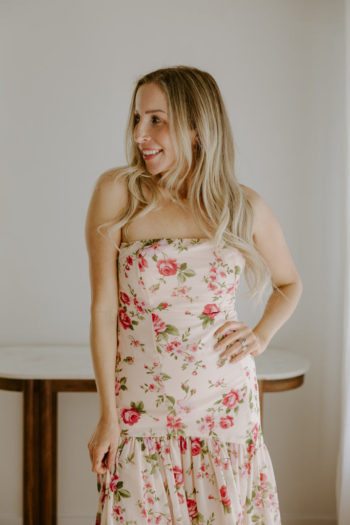 Strapless Drop Waist Floral Dress - Rose