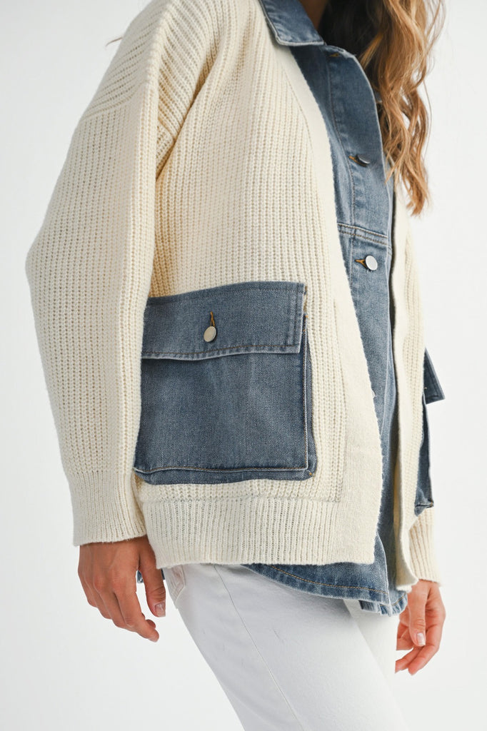 Denim Contrast Knit Jacket - Cream