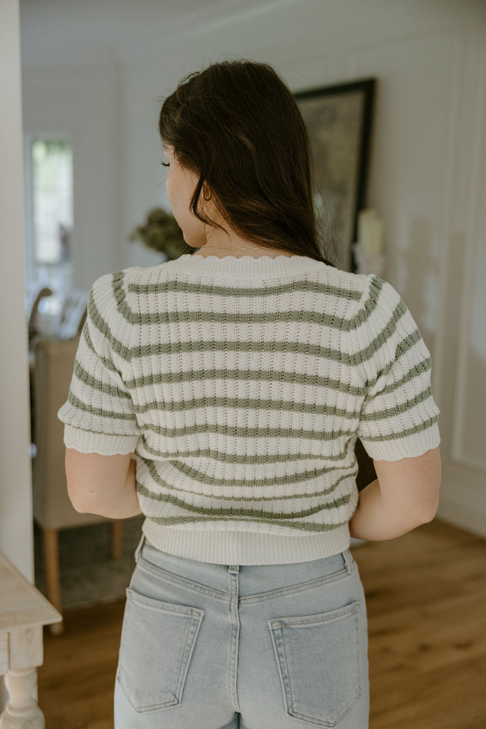 Scalloped Striped Sweater - Sage