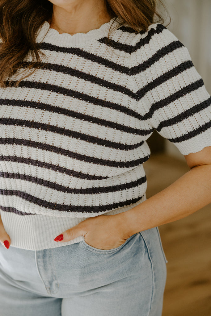 Scalloped Striped Sweater - Navy