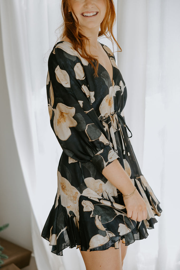 3/4 Sleeve Dolman Front Tie Mini - Navy Print