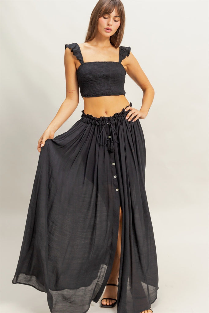 Boho Smocked Top & Maxi Skirt Set - Black