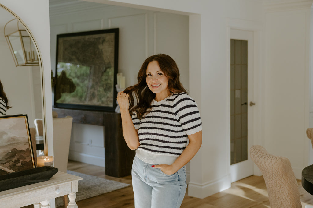 Scalloped Striped Sweater - Navy