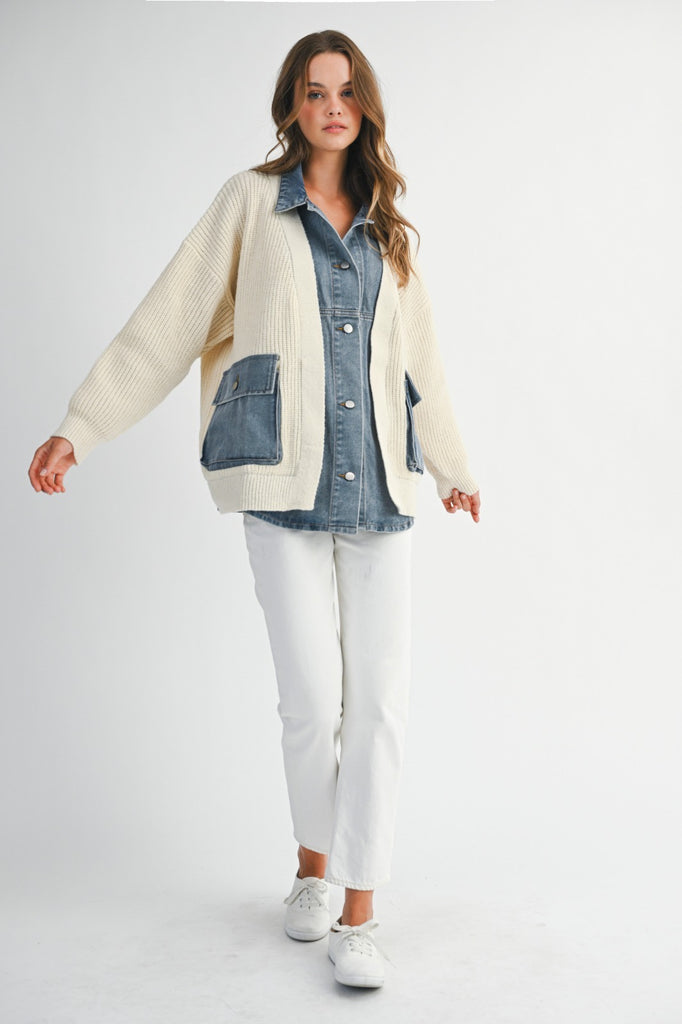 Denim Contrast Knit Jacket - Cream