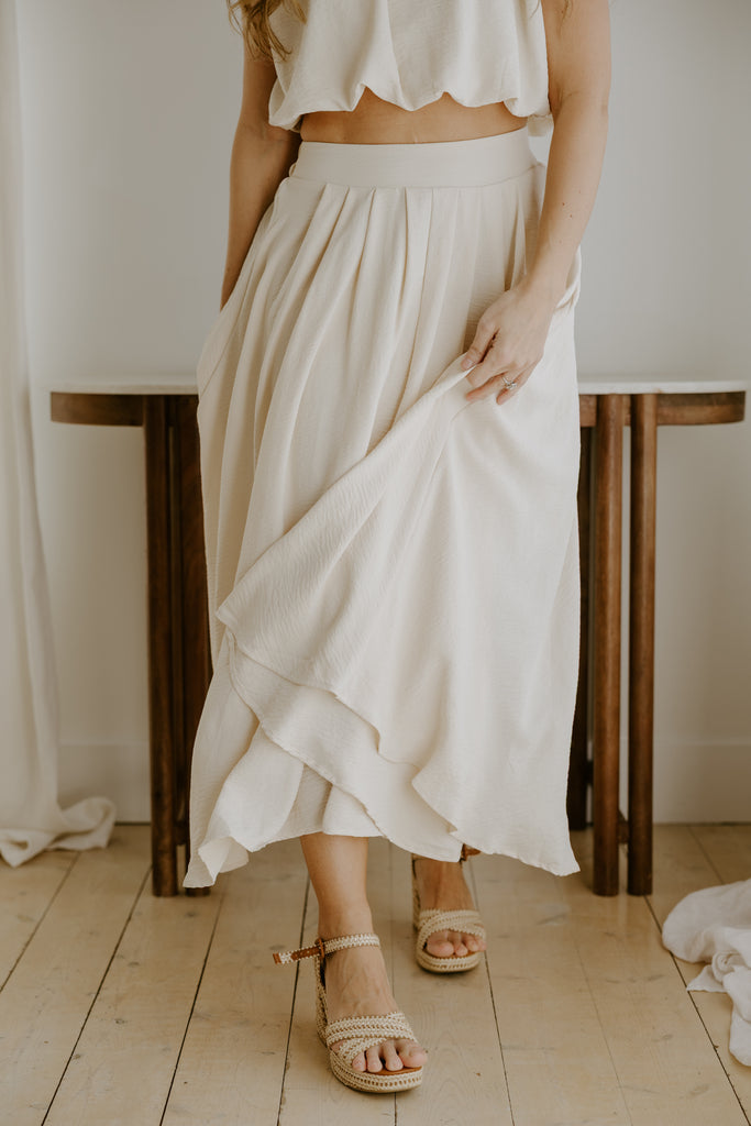 Bubble Top & Flowy Midi Skirt Set - Natural