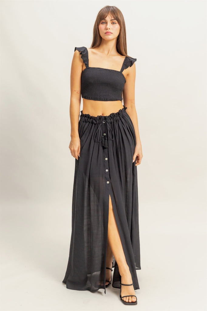 Boho Smocked Top & Maxi Skirt Set - Black