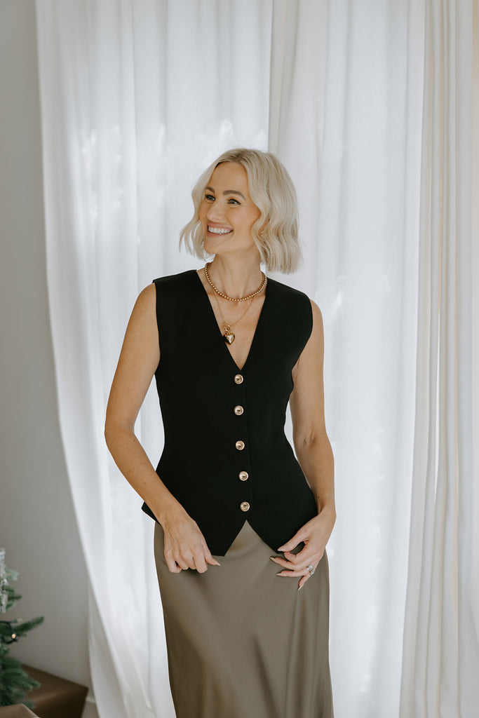 Sleeveless Knit Vest with Gold Buttons - Black