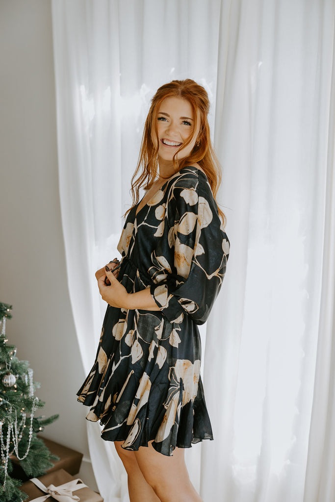 3/4 Sleeve Dolman Front Tie Mini - Navy Print