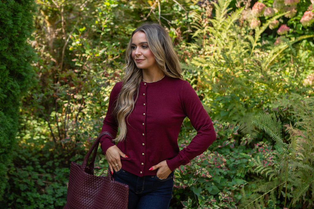 Cardigan With Gold Buttons - Wine