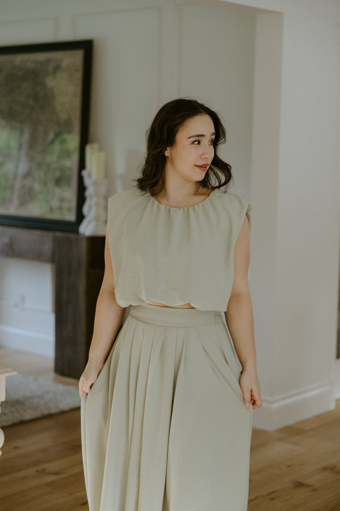 Bubble Top & Flowy Midi Skirt Set - Olive