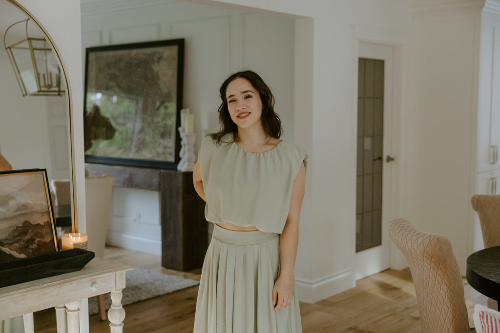 Bubble Top & Flowy Midi Skirt Set - Olive
