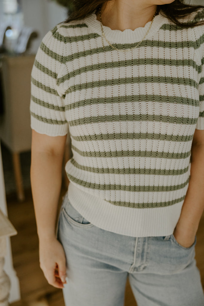 Scalloped Striped Sweater - Sage