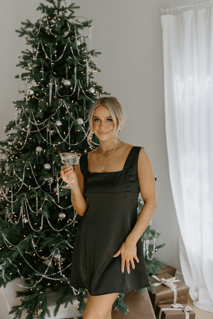 Back Bow Satin Dress - Black